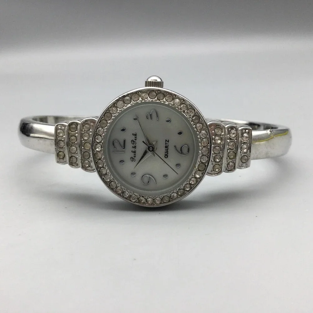 Peck & Peck Womens Watch 23mm White Dial Silver Tone Crystal Bangle New Battery